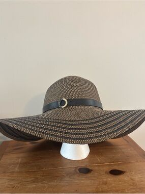 INC Wide Brim Black and Tan Straw Sun Hat with Black Band and Buckle- Women